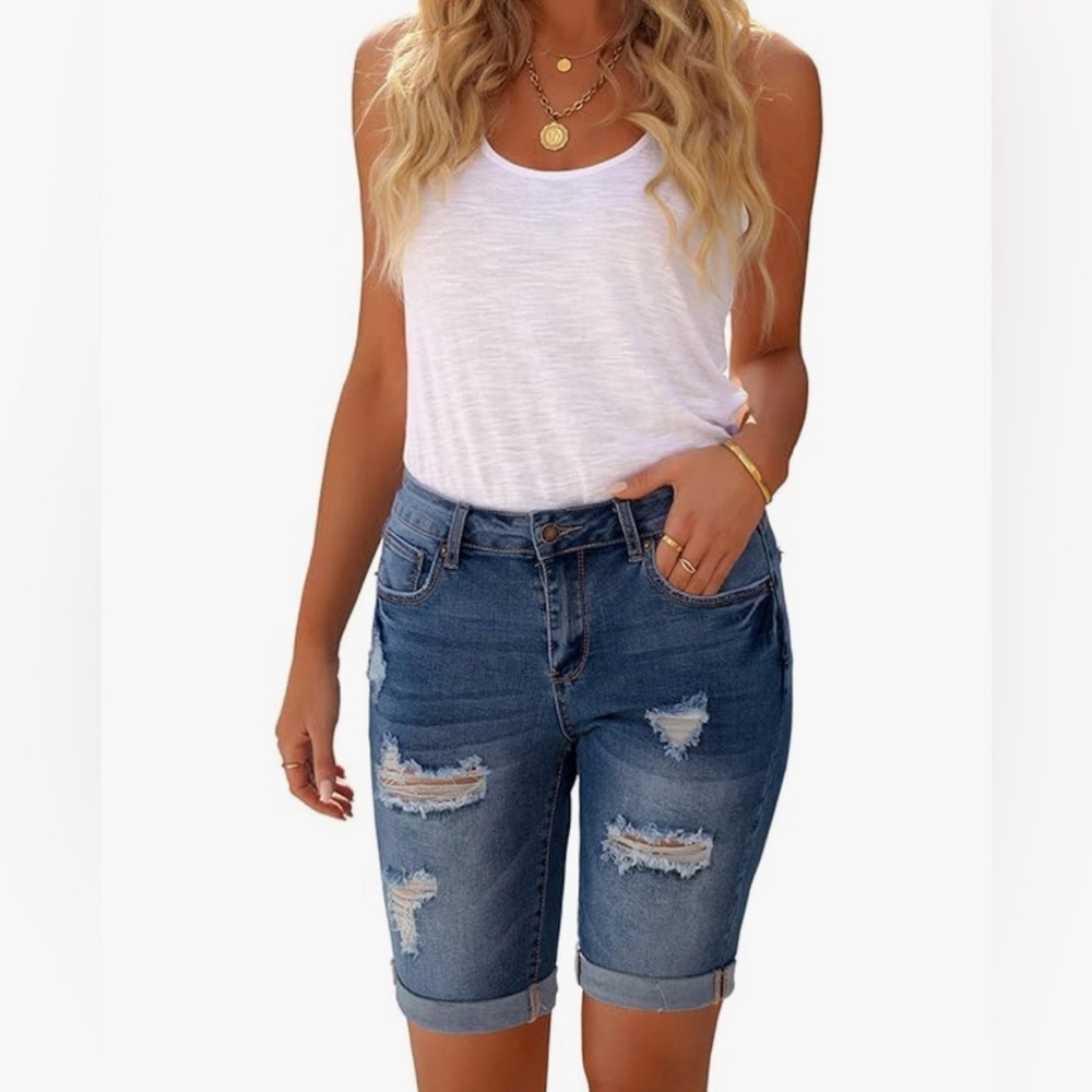 High Waisted Stretch Bermuda Ripped Rolled Hem Jean Denim Shorts Large